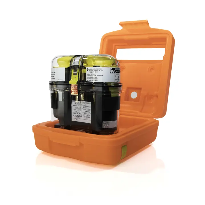 A M-20.3 emergency escape breathing device for naval environments with protective orange carrying case.