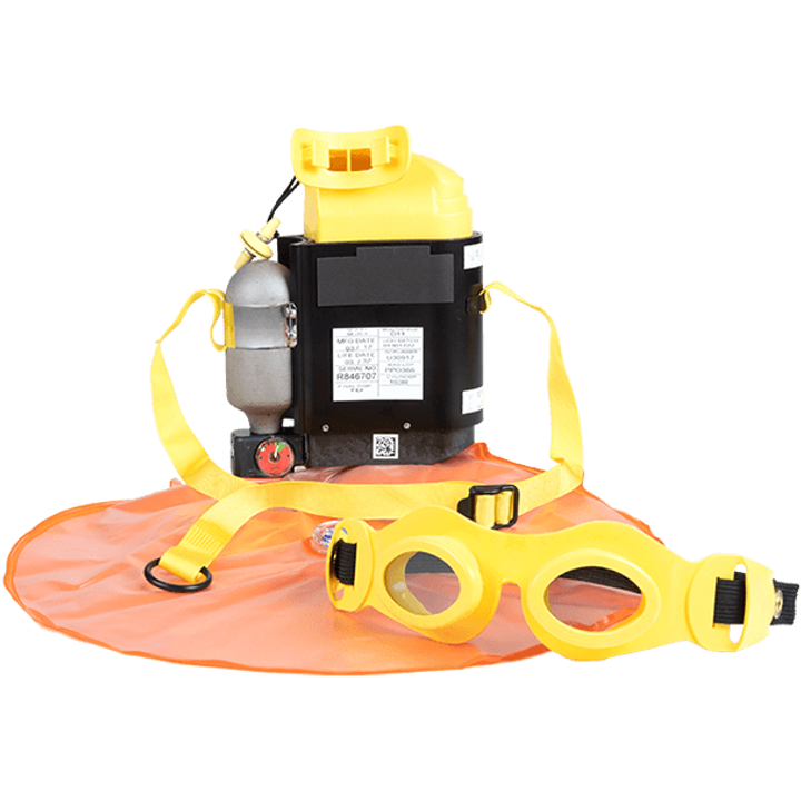 Emergency escape breathing device (EEBD) kit, including a black carrying case, breathing unit, yellow safety goggles, and an orange protective mat.